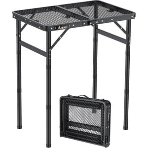 Anbte Folding Grill Table, Aluminum Camping Table Adjustable Height Max 27.5" Picnic Table Outdoor Table, Lightweight, Portable Handle for Travel Cooking BBQ Picnic, 22.8" x 16", Black