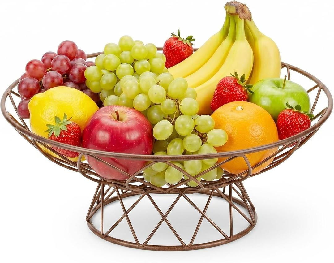 AIYICIII Large Metal Wire Fruit Bowl, 12-inch Round Mesh Fruit Basket for Kitchen Countertop, Modern Decorative Bread Vegetable Storage Holder Organizer, Rustic Brown Iron Art(Brown)