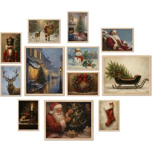 Christmas Wall Art Set of 12, Holiday Posters with Santa Claus, Snowman, Reindeer, Nutcracker, Christmas Tree, Vintage Christmas Decorations for Home Living Room Bedroom (Christmas Poster Set)