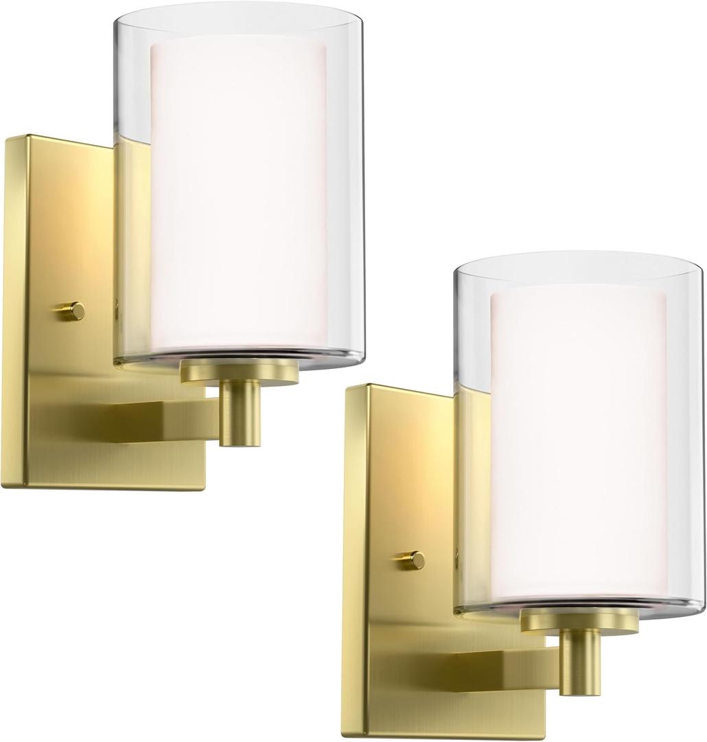 Bathroom Wall Sconces Set of 2 Gold Double Clear Glass Shade Modern Vanity Lights Indoor Farmhouse Wall Light for Bedroom Living Room Hallway Bulb E26 Base (Bulbs Not Included)