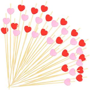 100 Pcs Red Pink Heart Cocktail Picks 4.7 Inch Long Fruit Sticks Food Toothpicks Handmade Bamboo Cocktail Skewers for Birthday Wedding Valentines Day Decoration Party Supplies