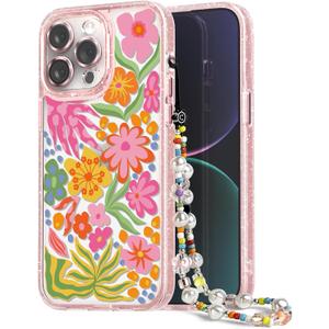 Designed for iPhone 14 Pro Max Case Pink Glitter Clear - Cute Bling Phone Case with Wrist Strap - Aesthetic Y2K Case for Woman, Girl 6.7" (Passion Flower)