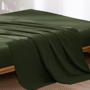 MooMee Flat Top Sheet Only 100% Washed Cotton Linen Like Textured Breathable Durable Soft Comfy (Olive Green, Queen)