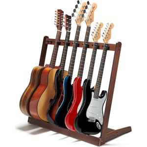 Multiple Guitar Stand, Black Walnut Wood Multi Guitar Rack for 5 Acoustic, 7 Electric or 7 Bass, Hardwood Instrument Racks for Men, Wooden Floor Acoustic Stand for Home Decor, Studio Display