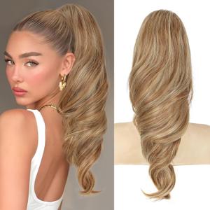 Lommel Ponytail Extension 18Inch Claw Clip Ponytail Extension Brown with Golden Highlights Wavy Curly Claw Clip in Ponytail Hair Extensions, Natural Fake Ponytail Synthetic Hairpiece for Women