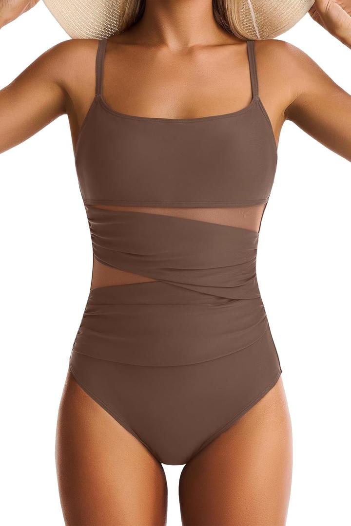 One Piece Swimsuit for Women Tummy Control Mesh Bathing Suits Sexy Push Up Swimsuits Slimming Square Neck Swimwear (Brown, XL)