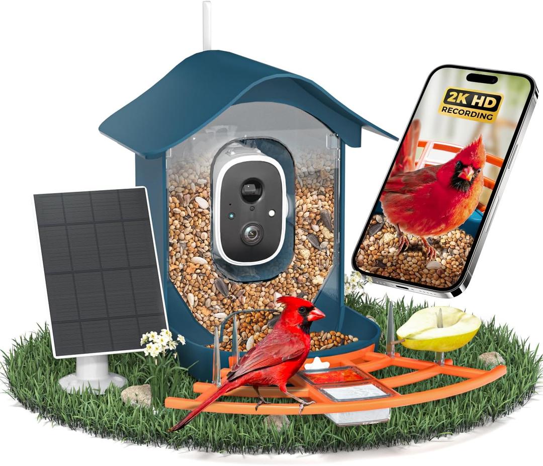 Smart Bird Feeder with Camera, 2K HD AI Identify Birds Species, Bird Watching Camera with Solar Panel, Gift for Mom Dad Birdlovers (Wave Blue)