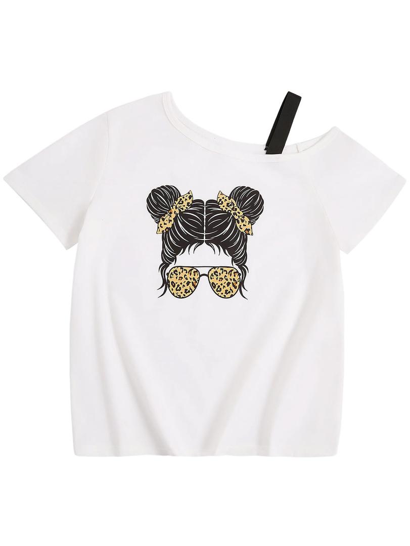 SHENHE Girl's Summer Graphic Tee Cut Out Shoulder Short Sleeve Asymmetrical Tshirt Top White 11Y