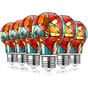 Tarpop 6 Pack Stained Glass Light Bulbs A19 2w (25w Equivalent) E26 Base Rainbow Painted Lightbulb LED Mosaic Stained Glass Lightbulb Multi Colored Colorful Light Bulbs for Home Party Decoration