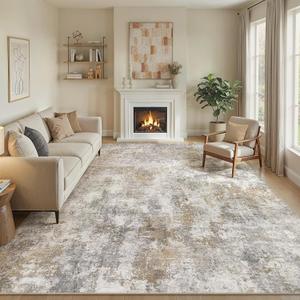 WITSHOCK Area Rugs 9x12 Living Room Rug - Washable Neutral Soft Low Pile Non-Slip Modern Abstract Thin Large Indoor Carpet for Bedroom Dining Room Nursery Office - Light Brown Grey