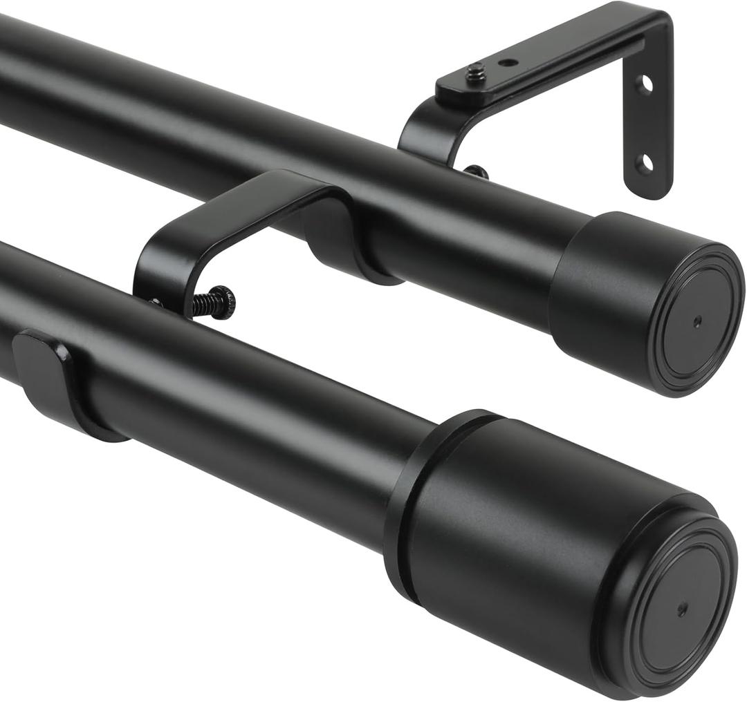 1 Inch Double Curtain Rod 30 to 124 Inch Heavy Duty Double Curtain Rods for Windows Adjustable Telescoping Double Curtain Pole for Bedroom Kitchen Office Living Room (Black)