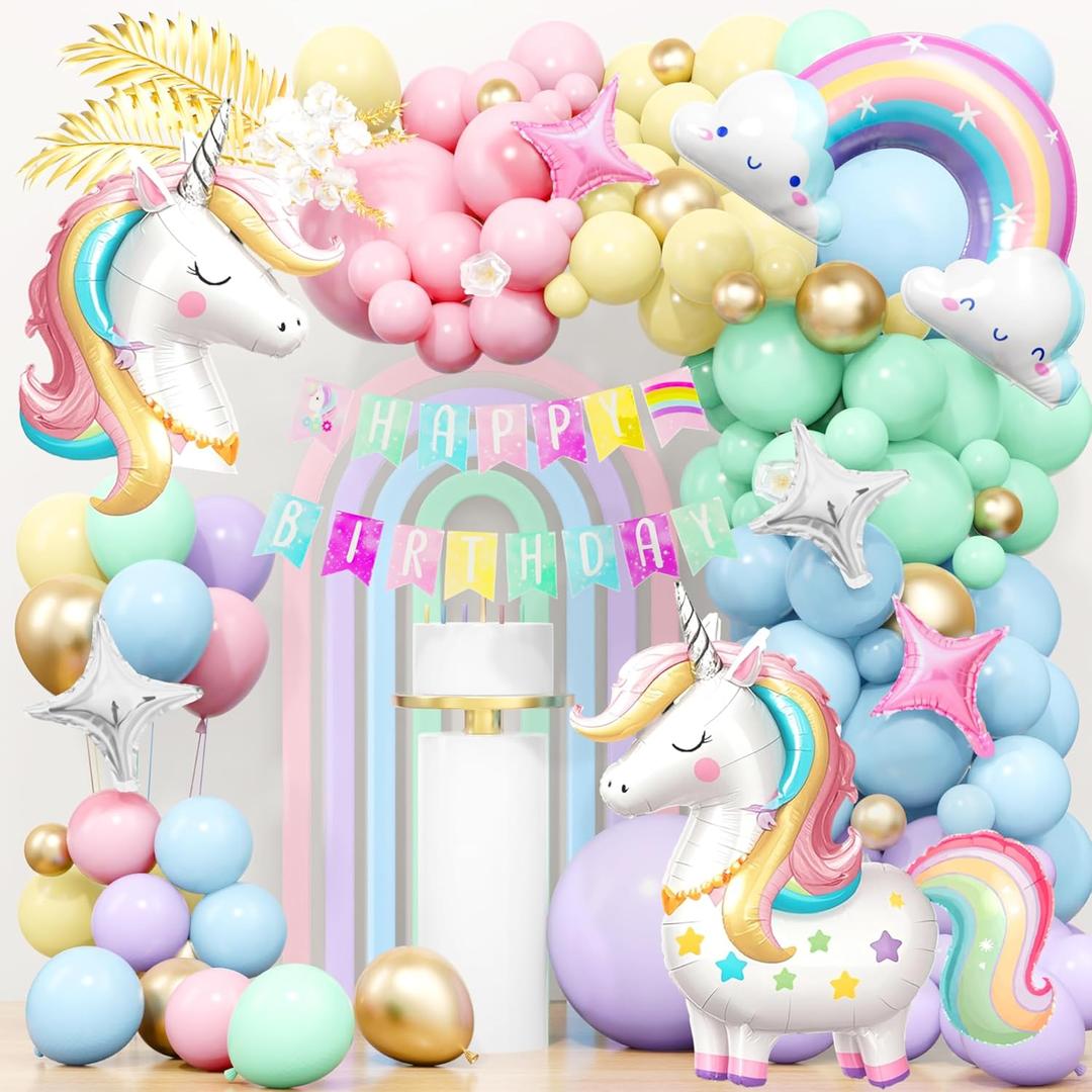 SNLN Unicorn Birthday Decorations for Girls Pastel Balloon Arch Kit Huge 3D Unicorns Balloons Banner Rainbow Star Foil Balloon Unicorn Party Decorations for Girl Kid Birthday Party Decor Supplies
