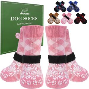 EXPAWLORER Dog Socks for Cold Winter Snow to Prevent Licking Paws, Anti Slip Doggie Booties Grippy Shoes for Hardwood Floors, Boots & Paw Protectors for Small Medium Large Senior Dogs Pink XS