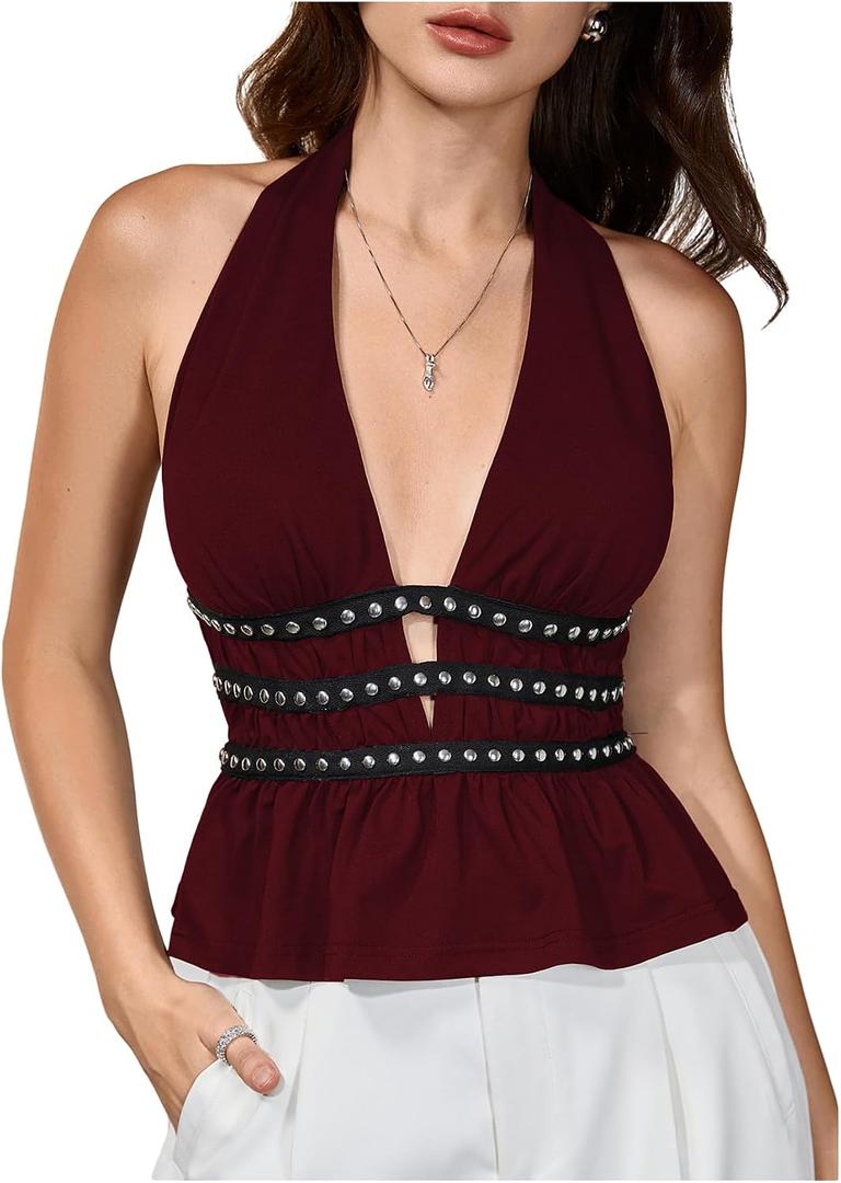 MakeMeChic Women's Halter Going Out Tops Y2k Punk Ruffle Hem Sleeveless Tank Party Clubwear (Red, XS)