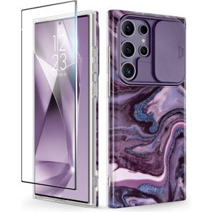 GVIEWIN for Samsung Galaxy S24 Ultra Case with Slide Camera Cover+Screen Protector, [Military Grade Shockproof] Marble Protective Slim & Tough Phone Case for S24 Ultra 6.8"(Quicksand/Purple)