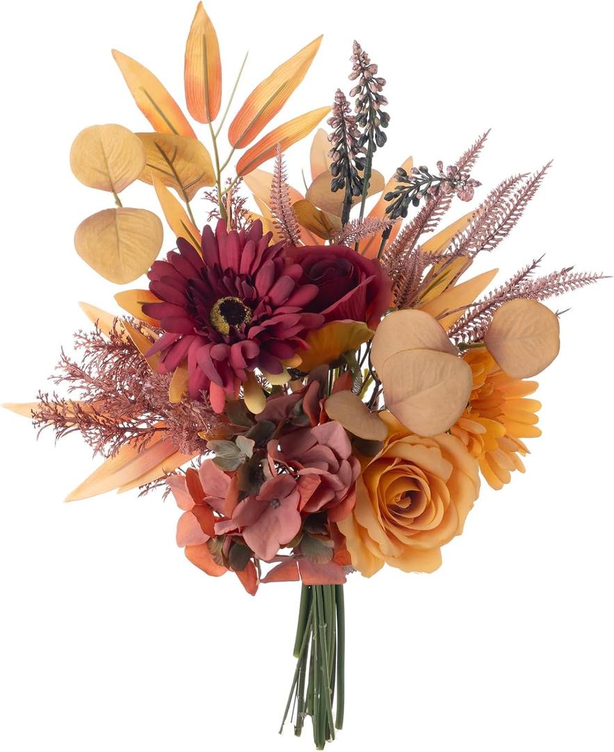 Fake Silk Flowers Bouquet Faux Centerpieces with Roses, Gerberas, Hydrangea etc, Realistic Artificial Floral Arrangements for Home Kitchen Decor (Autumn)