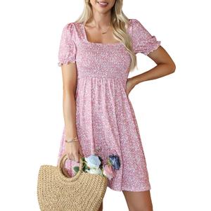 Naggoo Women's Summer Dresses Short Puff Sleeve Casual Square Neck Floral Print Smocked A Line Flowy Beach Sun Dresses