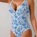 B2prity Women's V Neck One Piece Swimsuit Tummy Control Slimming Bathing Suit Double Straps Crisscross Back Swimwear (L)
