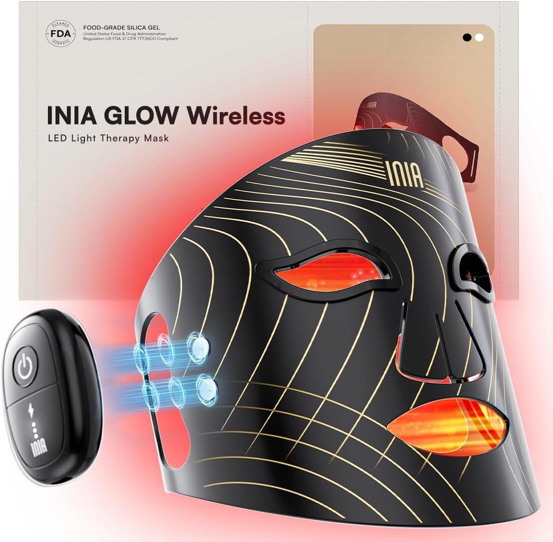 INIA Red Light Therapy Mask for Face, Glow Wireless LED Face Mask Light Therapy with Near-Infrared Red Light (NIR), Rechargeable and Ergonomic Design for Home & Travel (Pink)
