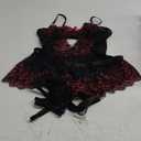 Lilosy Sexy Stocking Rhinestones Heart Garter Underwire Floral Mesh lace Sheer Babydoll Lingerie Teddy Bodysuit Skirt Set (3X-Large, Black Red)