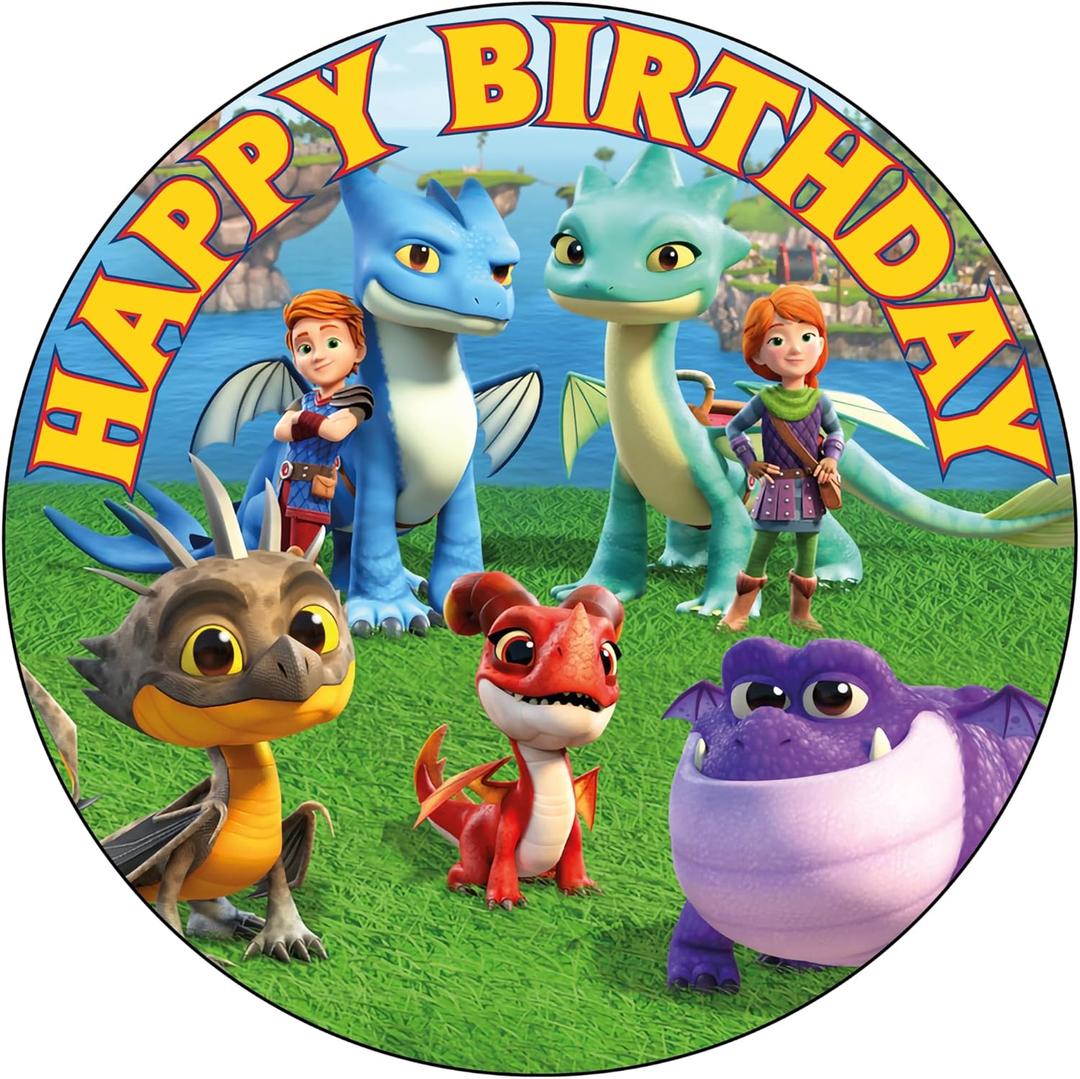 7.5 Inch Dragons Rescue Riders Cake Topper  Round Edible Birthday Cake Decorations, Happy Birthday Cake