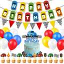 Race Car Birthday Party Decorations, Car Birthday Decorations with Happy Birthday Car Banner & Flag Banner, 24 Balloons, Race Car Cake Topper and 24 Cupcake Toppers