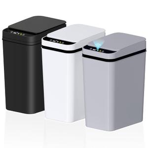 3Pack Bathroom Small Trash Can with Lid, 2.6 Gallon Touchless Automatic Garbage Can Slim Waterproof Motion Sensor Smart Trash Bin for Bedroom, Office, Living Room White/Black/Grey (Mix)