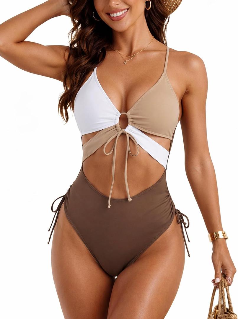 Leoparts Women's Sexy One Piece Swimsuit V Neck Cutout Bathing Suit High Cut Color Block Swimwear Monokini (M)