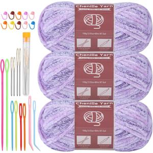 LUNARM Chenille Yarn for Crocheting Knitting, 3 Pack of 100g/3.5oz Velvet Yarn Thick Soft Chunky Fluffy Weaving Plush for Blankets Clothes Pattern Creations 263 Yard(Purple Gradient)