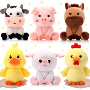 RoundFunny 6 Pcs Farm Animals Toys 7 Inch Horse Sheep Cow Duck Chick Pig Large Stuffed Animals Bulk for Woodland Baby Showers Party Decor Birthday Gifts Classroom Teacher Student Awards