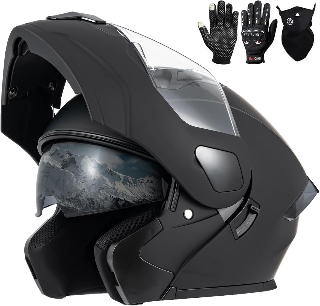 Modular Motorcycle Helmets, DOT Approved Flip up Dual Visor Full Face Helmet for Men Women, ATV UTV ADV Four Wheeler Street Bike with Gloves Mask | Dual Visor, Full Face Helmet for ATV UTV ADV Four Wheeler Street Bike with Gloves Mask, Small
