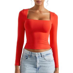 SUUKSESS Women Square Neck Long Sleeve Tops Double Lined Going Out T Shirts, Size: XS