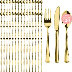 Prestee 120 Cutlery Set - Gold Plastic Silverware Set of 40 Forks, 40 Spoons, 40 Knives - Heavy Duty Plastic Utensils and Disposable Flatware - Elegant Knives Spoons and Forks Set for Events