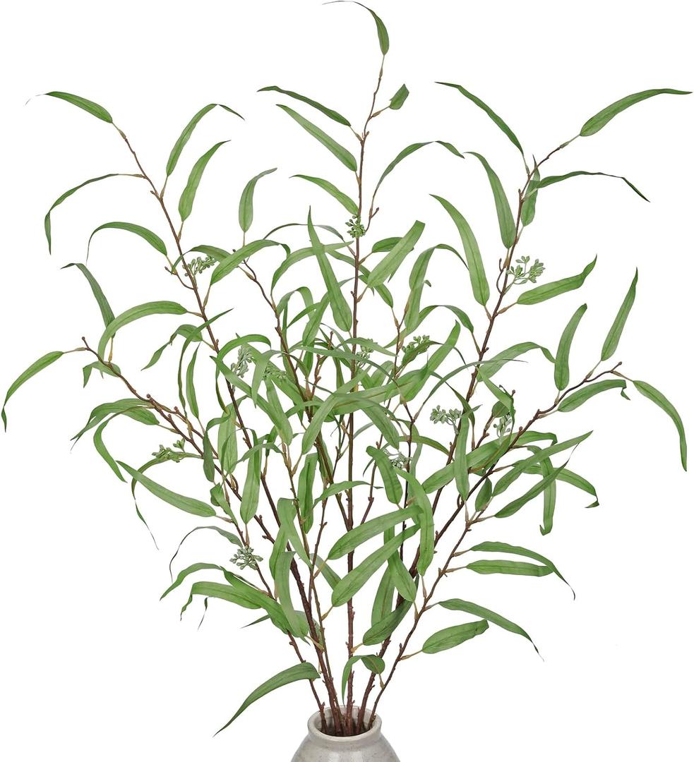 Briful 44.5 Tall Faux Eucalyptus Stems  Realistic Artificial Greenery Stems 3PCS Seeded Willow Eucalyptus Stems Brown Branches for Home, Office, Wedding, Bouquet, Centerpiece, Christmas Decoration
