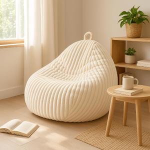 Honeydak Ribbed Rabbit Fur Stuffed Animal Storage Bean Bag Chair Cover (No Filler) Comfy Bean Bag Cover Without Filling or Home Bedroom Decor Organizing Plush Doll Textile Holder(White,L)