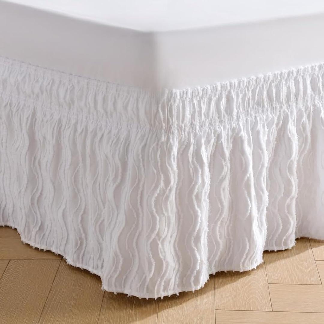 MIYE Wrap Around Ruffled Lace Bed Skirt, Elastic Dust Ruffle with Adjustable Belts, Easy to Put On, Bed Frame Cover, Machine Washable (Wavy/White, King/Queen-15 Drop)