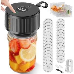 3 in 1 Mason Jar Vacuum Sealer | Electric Vacuum Sealer for Mason Jars Includes 30 Lids (15 Wide/Reg)+5 Food Storage Bags,One-Tap Control,Mason Jar Sealer for Canning Pickling Meal Prep & Dry Goods