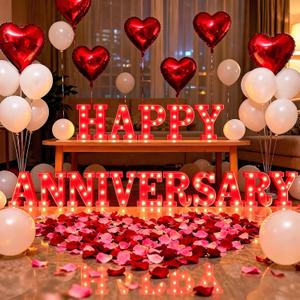 16Pcs Happy Anniversary Light Up Letters Sign Anniversary LED Marquee Letters Lights Battery Powered Lighted Letter Wedding Table Decorations for Valentine's Day Birthday Romantic Party Decor Gift