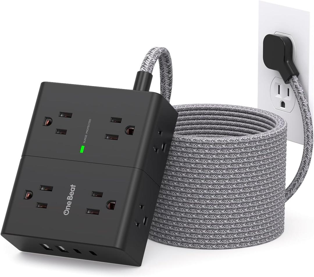 Surge Protector Power Strip 25 Ft Cord, Ultra Thin Flat Extension Cord with 8 Outlets 4 USB Ports(2 USB C), Flat Plug Power Strip, 25 Ft Long Braided Power Cord for College Dorm Room Essentials-BK