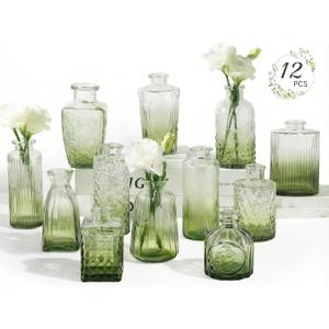 RUCKAE 12 Pack Glass Bud Vases Mini Flower Vase Small Vintage Vases for Centerpiece Table Wedding Decorations Home Decor Party (Gradient Green)