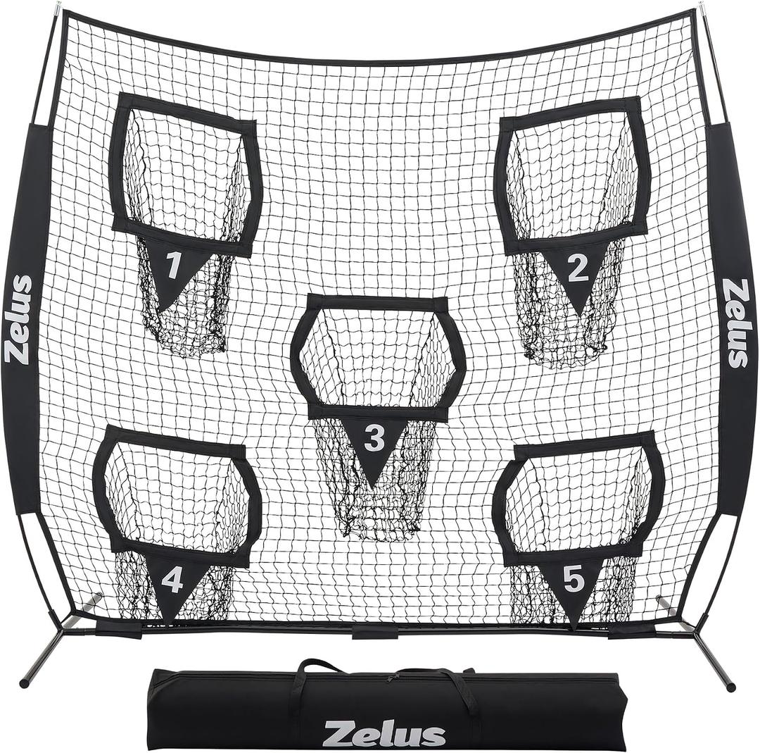 ZELUS Football Throwing Net, Quarterback Training Equipment with 5 Target Pockets, Football Practice Throwing Passing Accuracy Trainer with Carry Bag Ground Stakes for Kids Adults, 88