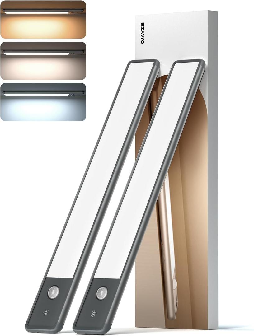 EZVALO Under Cabinet Lighting, 98 LED Rechargeable Motion Sensor Light Indoor, Magnetic Dimmable Closet Lights with 3 Color Temps, Wireless Under Counter Lights for Kitchen, Stairs(Grey, 2 Pack) (Gray)