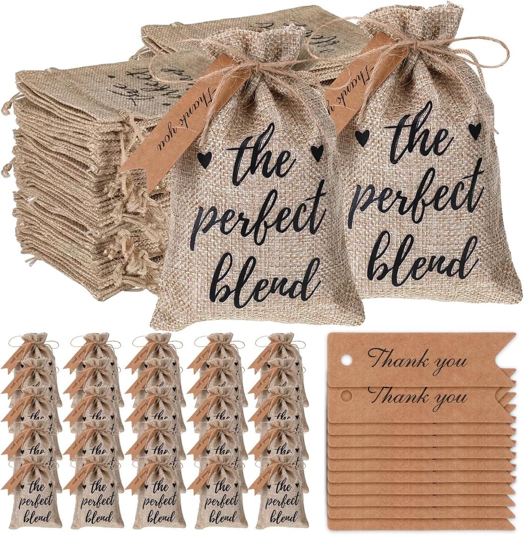 25 Sets Small Burlap Bags with Kraft Tag and Twine, Wedding Party Favors for Guests, Coffee Drawstring Sack Burlap Gift Bags for Women, Bridal Shower Wedding Coffee Party Decorations (No Beans)