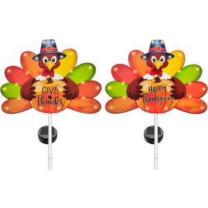Hexagram Thanksgiving Decorations Outdoor, Solar Turkey Garden Stake Lights, 41 Inches Metal Turkey Give Thanks Decorations, Happy Thanksgiving Outdoor Decor Lights for Outside Yard Lawn Pathway (2 Pack)