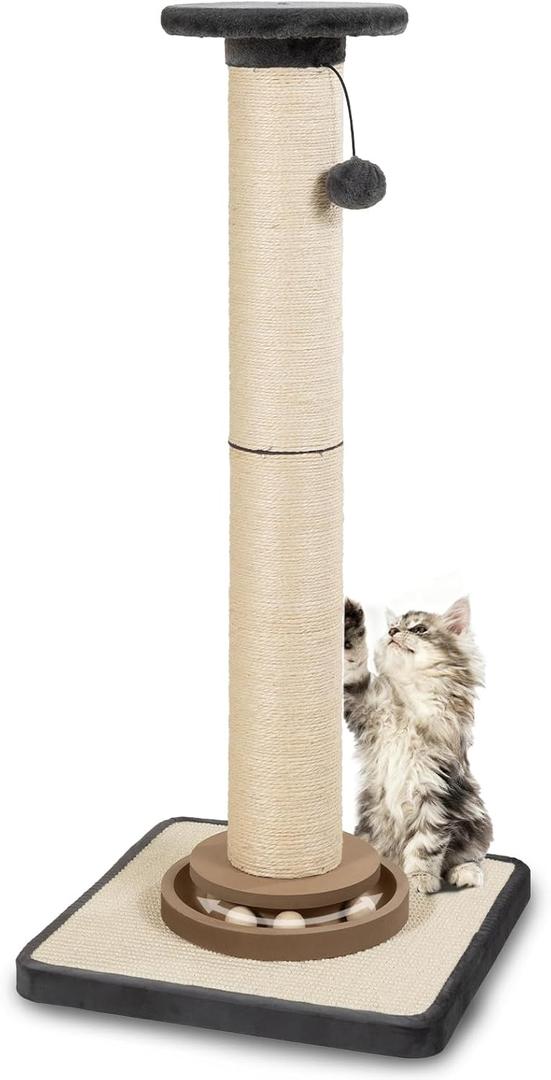 Heavy Duty Cat Scratching Post, 35 Inch Tall Cat Scratcher Cat Tree Tower with Hanging Ball for Indoor Cats Adults, Sisal Scratching Post with Toys