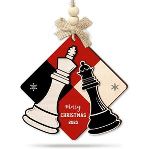 2 x Chess Christmas Ornament 2025 - King & Queen Merry Xmas Ornaments, 2 Layer Wood for Chess Lover, Coach, Player, Club, Friend - Tree Hanging Decoration for Kids, Adults