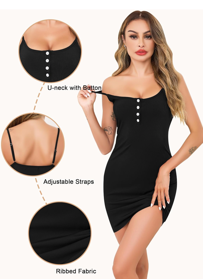 Women's Full Slip Dress Ribbed Bodycon Lingerie Dress, Stretchy Slim Fit Underdress for Layering/Night Out, Small