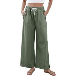 Springrain Womens Baggy Wide Leg Pants Casual Loose Cotton Drawstring Elastic Waisted Palazzo Pants with Pockets(Green-S)