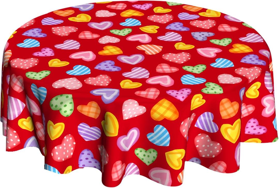 Valentines Tablecloth Round 60 inch Valentine Day Tablecloths Heart Table Cloth Circle Tablecloth for Kitchen Dining Decorations Holiday (Red Colorful Heart)