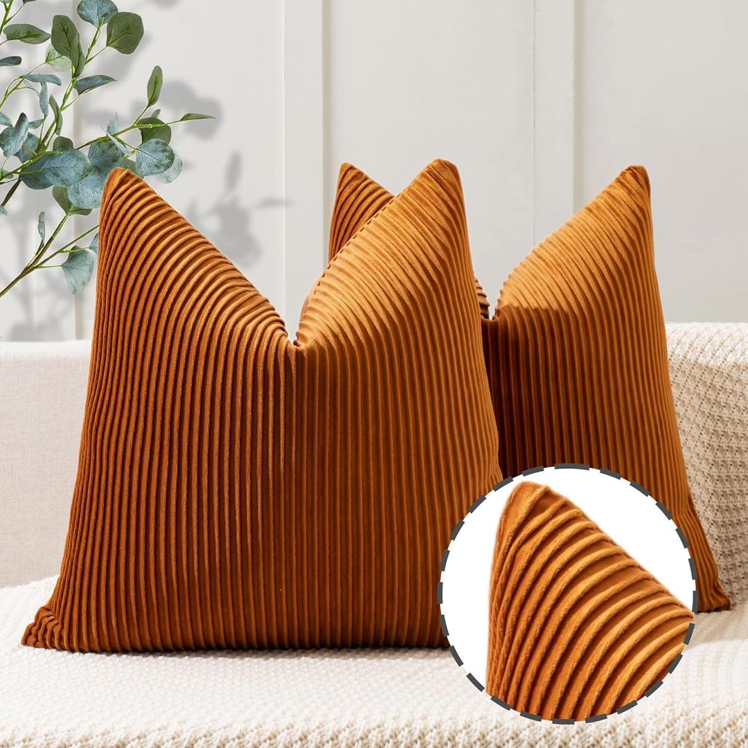 YCOLL Burnt Orange Pillow Covers 18x18 Set of 2 Velvet Striped Pattern - Soft Throw Pillows for Home Decor, Luxury Decorative Pillow Covers for Couch, Bed,Living Room